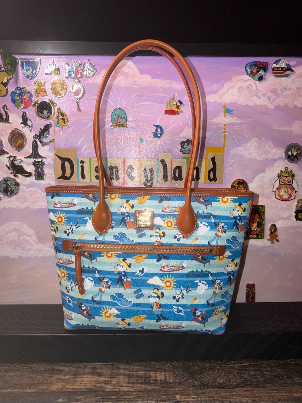 Dooney & Bourke Blue Disney Seaside Print Tote with Brown Trim
